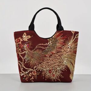 Large Canvas Handbag Zip Closure Burgundy Peacock Embroidered Tote Shoulder Bag